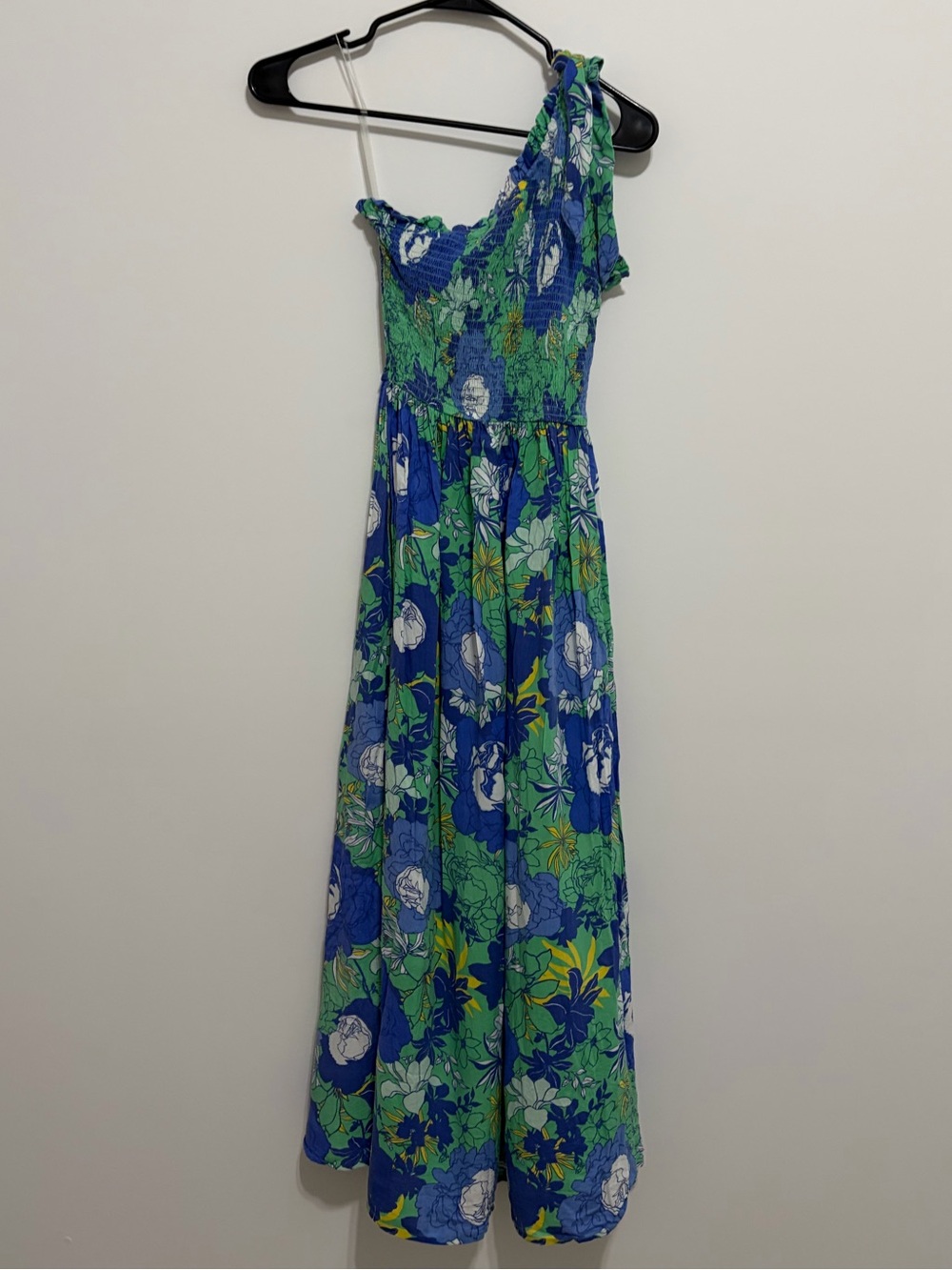 One-Shoulder Blue and Green Floral Maxi Dress